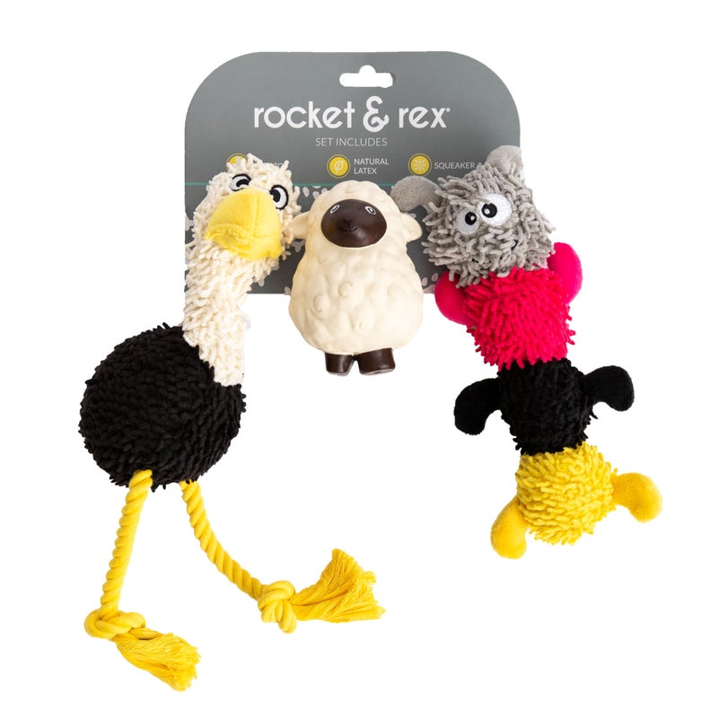 rocket & rex Dog Chew Toy Set for Small to Medium Breeds, Includes a Rope Toy, Rubber Squeaker and Plush Toys with Ball, Reduces Destructive Chewing & Anxiety (Pack of 3) - Image 1